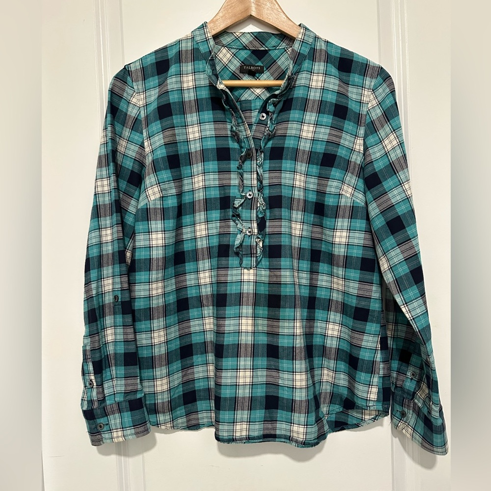 Talbots Teal and Black Plaid Shirt
